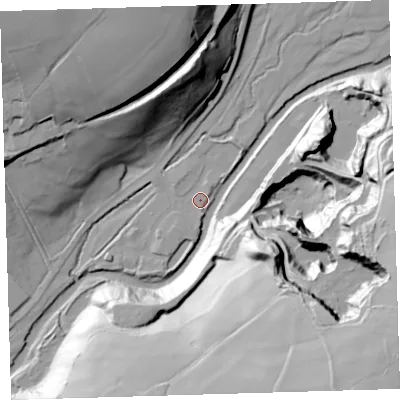 Shaded relief map of the ground around PL190PW, computed from Environment Agency LiDAR. The ground here sits at about 107 m above sea level and falls 89 m across the surrounding 800 m. Surface water reaching this point runs off ground lying to the north-east, 3.4 m higher.
