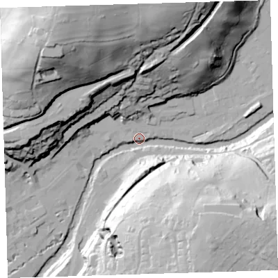 Shaded relief map of the ground around PL190RG, computed from Environment Agency LiDAR. The ground here sits at about 83 m above sea level and falls 81 m across the surrounding 800 m. Surface water reaching this point runs off ground lying to the north-north-west, 75.6 m higher.