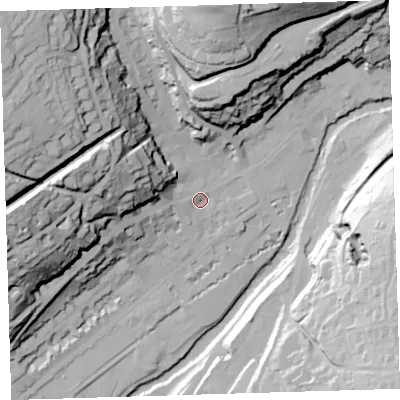 Shaded relief map of the ground around PL198AD, computed from Environment Agency LiDAR. The ground here sits at about 83 m above sea level and falls 70 m across the surrounding 800 m. Surface water reaching this point runs off ground lying to the west-north-west, 28.9 m higher.