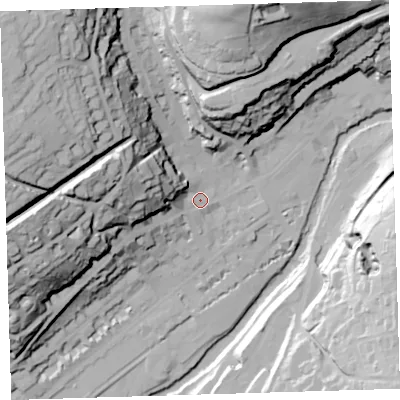 Shaded relief map of the ground around PL198AQ, computed from Environment Agency LiDAR. The ground here sits at about 84 m above sea level and falls 72 m across the surrounding 800 m. Surface water reaching this point runs off ground lying to the west-north-west, 28.7 m higher.