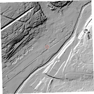 Shaded relief map of the ground around PL198AR, computed from Environment Agency LiDAR. The ground here sits at about 78 m above sea level and falls 71 m across the surrounding 800 m. Surface water reaching this point runs off ground lying to the north-west, 46.2 m higher.