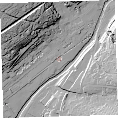 Shaded relief map of the ground around PL198AT, computed from Environment Agency LiDAR. The ground here sits at about 78 m above sea level and falls 70 m across the surrounding 800 m. Surface water reaching this point runs off ground lying to the north-west, 2.2 m higher.