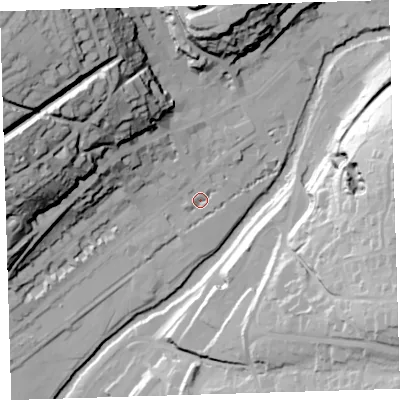 Shaded relief map of the ground around PL198AU, computed from Environment Agency LiDAR. The ground here sits at about 78 m above sea level and falls 69 m across the surrounding 800 m. Surface water reaching this point runs off ground lying to the north-north-east, 3.2 m higher.