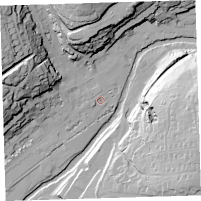 Shaded relief map of the ground around PL198BB, computed from Environment Agency LiDAR. The ground here sits at about 81 m above sea level and falls 64 m across the surrounding 800 m. Surface water reaching this point runs off ground lying to the north-west, 2.1 m higher.