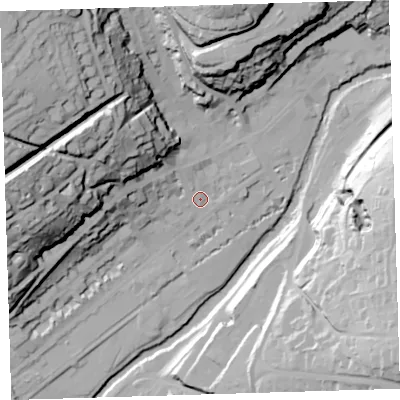 Shaded relief map of the ground around PL198BQ, computed from Environment Agency LiDAR. The ground here sits at about 82 m above sea level and falls 70 m across the surrounding 800 m. Surface water reaching this point runs off ground lying to the north-west, 34.7 m higher.