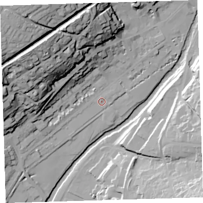 Shaded relief map of the ground around PL198BS, computed from Environment Agency LiDAR. The ground here sits at about 78 m above sea level and falls 71 m across the surrounding 800 m. Surface water reaching this point runs off ground lying to the north-east, 1.1 m higher.