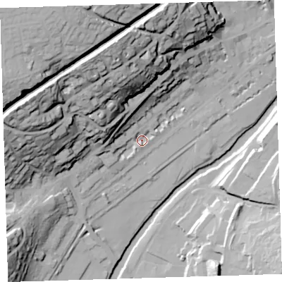 Shaded relief map of the ground around PL198BU, computed from Environment Agency LiDAR. The ground here sits at about 78 m above sea level and falls 71 m across the surrounding 800 m. Surface water reaching this point runs off ground lying to the north-north-west, 52.4 m higher.