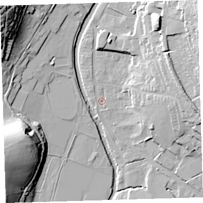 Shaded relief map of the ground around PL198BY, computed from Environment Agency LiDAR. The ground here sits at about 71 m above sea level and falls 45 m across the surrounding 800 m. Surface water reaching this point runs off ground lying to the north-east, 29.2 m higher.
