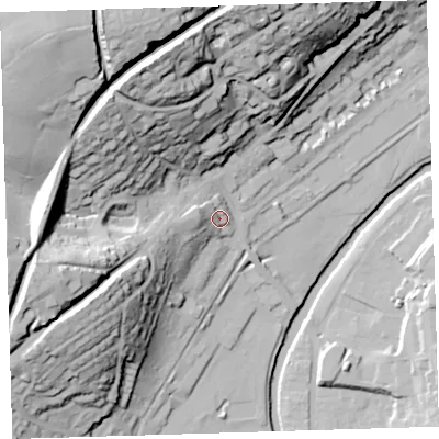 Shaded relief map of the ground around PL198DA, computed from Environment Agency LiDAR. The ground here sits at about 83 m above sea level and falls 72 m across the surrounding 800 m. Surface water reaching this point runs off ground lying to the west, 10.6 m higher.
