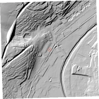 Shaded relief map of the ground around PL198DB, computed from Environment Agency LiDAR. The ground here sits at about 78 m above sea level and falls 66 m across the surrounding 800 m. Surface water reaching this point runs off ground lying to the west, 30.0 m higher.