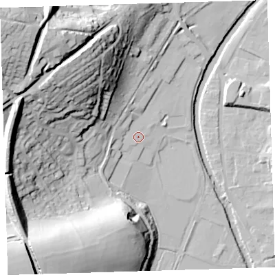 Shaded relief map of the ground around PL198DD, computed from Environment Agency LiDAR. The ground here sits at about 74 m above sea level and falls 62 m across the surrounding 800 m. Surface water reaching this point runs off ground lying to the north-west, 54.0 m higher.