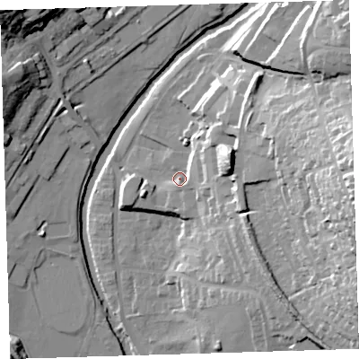Shaded relief map of the ground around PL198DE, computed from Environment Agency LiDAR. The ground here sits at about 76 m above sea level and falls 49 m across the surrounding 800 m. Surface water reaching this point runs off ground lying to the east, 19.9 m higher.