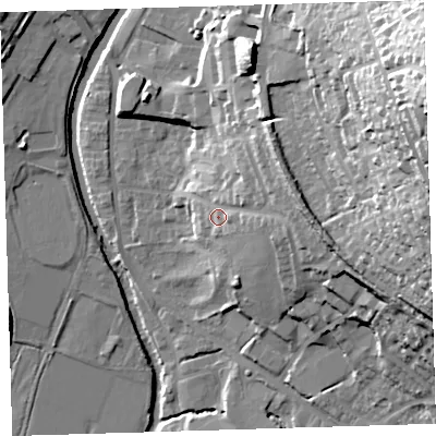 Shaded relief map of the ground around PL198DP, computed from Environment Agency LiDAR. The ground here sits at about 80 m above sea level and falls 57 m across the surrounding 800 m. Surface water reaching this point runs off ground lying to the east, 12.9 m higher.