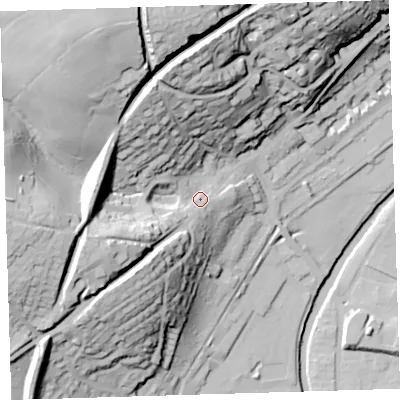 Shaded relief map of the ground around PL198EE, computed from Environment Agency LiDAR. The ground here sits at about 92 m above sea level and falls 72 m across the surrounding 800 m. Surface water reaching this point runs off ground lying to the north-north-west, 49.3 m higher.