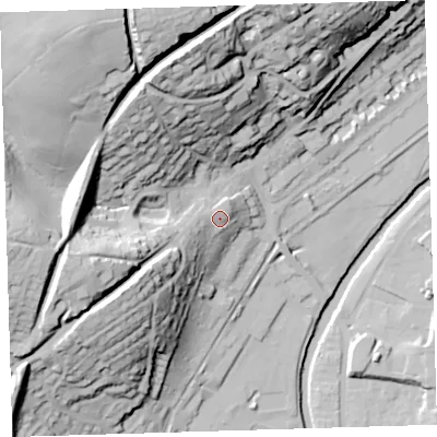 Shaded relief map of the ground around PL198EH, computed from Environment Agency LiDAR. The ground here sits at about 90 m above sea level and falls 72 m across the surrounding 800 m. Surface water reaching this point runs off ground lying to the west-south-west, 5.4 m higher.