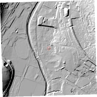 Shaded relief map of the ground around PL198FE, computed from Environment Agency LiDAR. The ground here sits at about 72 m above sea level and falls 43 m across the surrounding 800 m. Surface water reaching this point runs off ground lying to the east, 20.1 m higher.