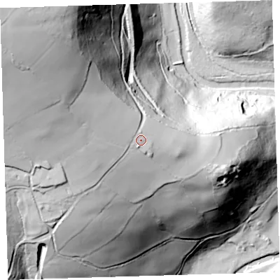 Shaded relief map of the ground around PL198FF, computed from Environment Agency LiDAR. The ground here sits at about 134 m above sea level and falls 149 m across the surrounding 800 m. Surface water reaching this point runs off ground lying to the north-west, 13.2 m higher.