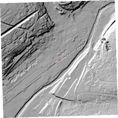 Shaded relief map of the ground around PL198HH, computed from Environment Agency LiDAR. The ground here sits at about 79 m above sea level and falls 70 m across the surrounding 800 m. Surface water reaching this point runs off ground lying to the north-west, 46.2 m higher.