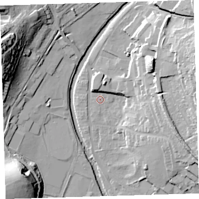 Shaded relief map of the ground around PL198HJ, computed from Environment Agency LiDAR. The ground here sits at about 72 m above sea level and falls 43 m across the surrounding 800 m. Surface water reaching this point runs off ground lying to the north-north-east, 5.6 m higher.