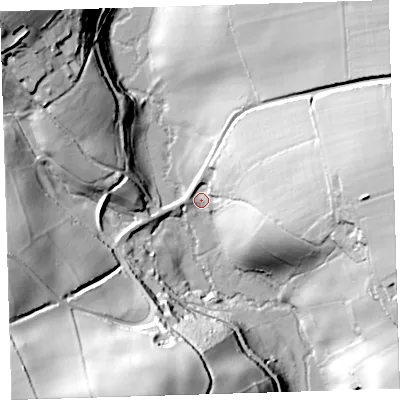 Shaded relief map of the ground around PL198HS, computed from Environment Agency LiDAR. The ground here sits at about 69 m above sea level and falls 75 m across the surrounding 800 m. Surface water reaching this point runs off ground lying to the east, 45.9 m higher.