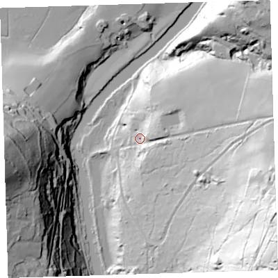Shaded relief map of the ground around PL198JG, computed from Environment Agency LiDAR. The ground here sits at about 24 m above sea level and falls 130 m across the surrounding 800 m. Surface water reaching this point runs off ground lying to the east, 47.8 m higher.