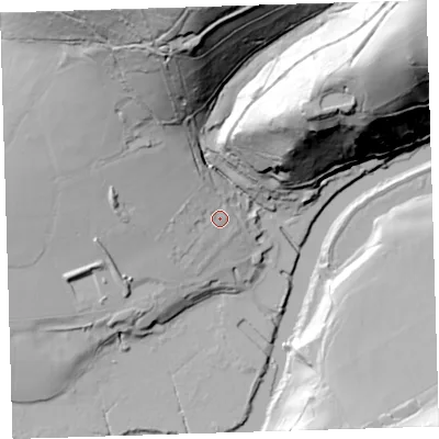 Shaded relief map of the ground around PL198JL, computed from Environment Agency LiDAR. The ground here sits at about 14 m above sea level and falls 95 m across the surrounding 800 m. Surface water reaching this point runs off ground lying to the north-north-west, 73.9 m higher.