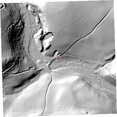 Shaded relief map of the ground around PL198NL, computed from Environment Agency LiDAR. The ground here sits at about 81 m above sea level and falls 66 m across the surrounding 800 m. Surface water reaching this point runs off ground lying to the north, 25.7 m higher.