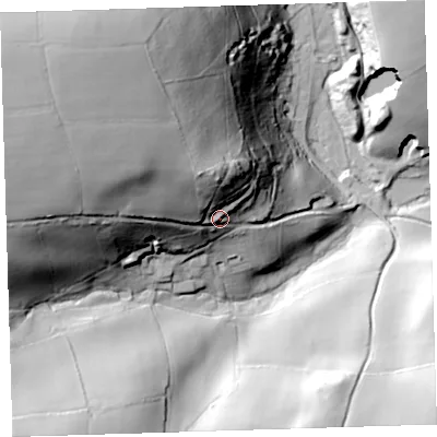 Shaded relief map of the ground around PL198NN, computed from Environment Agency LiDAR. The ground here sits at about 121 m above sea level and falls 85 m across the surrounding 800 m. Surface water reaching this point runs off ground lying to the north-west, 32.3 m higher.