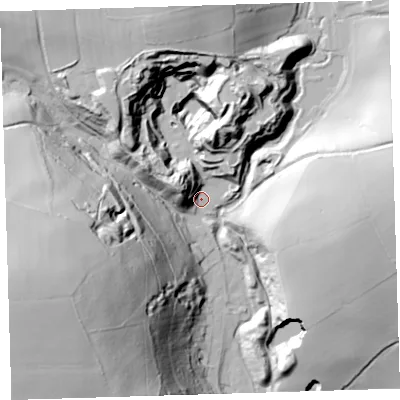 Shaded relief map of the ground around PL198NP, computed from Environment Agency LiDAR. The ground here sits at about 86 m above sea level and falls 80 m across the surrounding 800 m. Surface water reaching this point runs off ground lying to the west-north-west, 24.0 m higher.