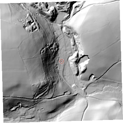 Shaded relief map of the ground around PL198NW, computed from Environment Agency LiDAR. The ground here sits at about 83 m above sea level and falls 81 m across the surrounding 800 m. Surface water reaching this point runs off ground lying to the west, 75.6 m higher.