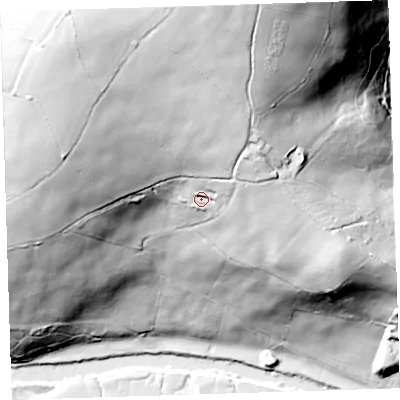 Shaded relief map of the ground around PL198PG, computed from Environment Agency LiDAR. The ground here sits at about 76 m above sea level and falls 106 m across the surrounding 800 m. Surface water reaching this point runs off ground lying to the north, 48.0 m higher.