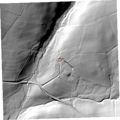 Shaded relief map of the ground around PL198QQ, computed from Environment Agency LiDAR. The ground here sits at about 112 m above sea level and falls 56 m across the surrounding 800 m. Surface water reaching this point runs off ground lying to the north-east, 25.1 m higher.