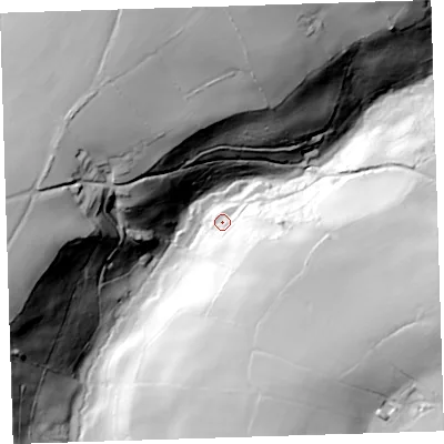 Shaded relief map of the ground around PL198QU, computed from Environment Agency LiDAR. The ground here sits at about 65 m above sea level and falls 85 m across the surrounding 800 m. Surface water reaching this point runs off ground lying to the south-east, 52.1 m higher.