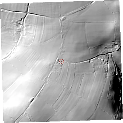 Shaded relief map of the ground around PL198QY, computed from Environment Agency LiDAR. The ground here sits at about 129 m above sea level and falls 62 m across the surrounding 800 m. Surface water reaching this point runs off ground lying to the south-south-west, 16.4 m higher.