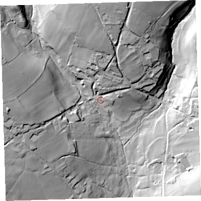 Shaded relief map of the ground around PL198RJ, computed from Environment Agency LiDAR. The ground here sits at about 116 m above sea level and falls 54 m across the surrounding 800 m. Surface water reaching this point runs off ground lying to the north-north-east, 20.1 m higher.