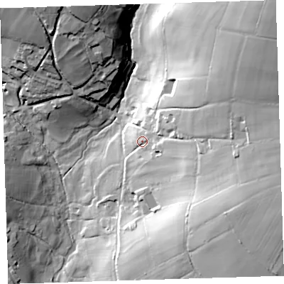 Shaded relief map of the ground around PL198RR, computed from Environment Agency LiDAR. The ground here sits at about 127 m above sea level and falls 69 m across the surrounding 800 m. Surface water reaching this point runs off ground lying to the north-east, 44.5 m higher.