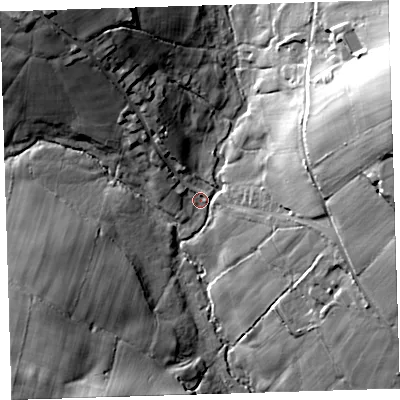 Shaded relief map of the ground around PL198RY, computed from Environment Agency LiDAR. The ground here sits at about 102 m above sea level and falls 44 m across the surrounding 800 m. Surface water reaching this point runs off ground lying to the east-north-east, 38.2 m higher.