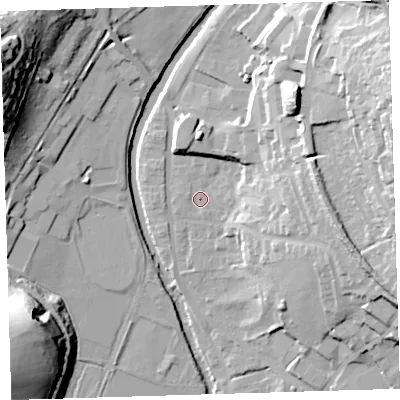 Shaded relief map of the ground around PL198SG, computed from Environment Agency LiDAR. The ground here sits at about 72 m above sea level and falls 40 m across the surrounding 800 m. Surface water reaching this point runs off ground lying to the east-north-east, 31.9 m higher.