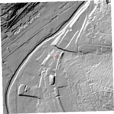 Shaded relief map of the ground around PL199AZ, computed from Environment Agency LiDAR. The ground here sits at about 85 m above sea level and falls 66 m across the surrounding 800 m. Surface water reaching this point runs off ground lying to the south-east, 7.7 m higher.