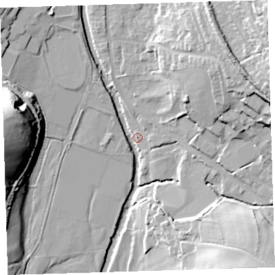 Shaded relief map of the ground around PL199BA, computed from Environment Agency LiDAR. The ground here sits at about 69 m above sea level and falls 39 m across the surrounding 800 m. Surface water reaching this point runs off ground lying to the east-north-east, 27.2 m higher.