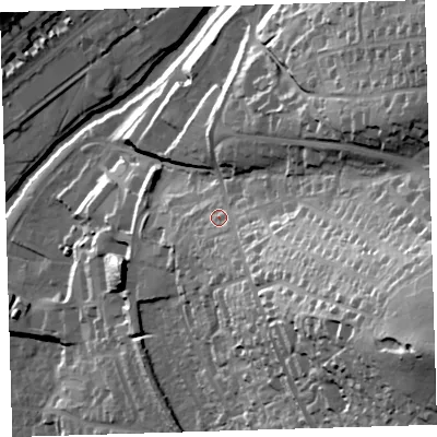 Shaded relief map of the ground around PL199BB, computed from Environment Agency LiDAR. The ground here sits at about 97 m above sea level and falls 78 m across the surrounding 800 m. Surface water reaching this point runs off ground lying to the south-east, 29.2 m higher.