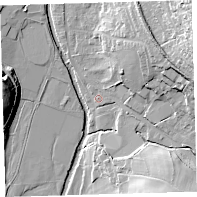 Shaded relief map of the ground around PL199BS, computed from Environment Agency LiDAR. The ground here sits at about 71 m above sea level and falls 47 m across the surrounding 800 m. Surface water reaching this point runs off ground lying to the east-north-east, 29.2 m higher.