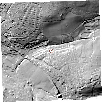Shaded relief map of the ground around PL199BY, computed from Environment Agency LiDAR. The ground here sits at about 105 m above sea level and falls 77 m across the surrounding 800 m. Surface water reaching this point runs off ground lying to the south-east, 5.5 m higher.
