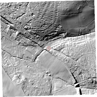 Shaded relief map of the ground around PL199DF, computed from Environment Agency LiDAR. The ground here sits at about 94 m above sea level and falls 74 m across the surrounding 800 m. Surface water reaching this point runs off ground lying to the north-east, 59.2 m higher.