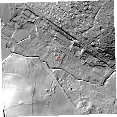 Shaded relief map of the ground around PL199DL, computed from Environment Agency LiDAR. The ground here sits at about 80 m above sea level and falls 75 m across the surrounding 800 m. Surface water reaching this point runs off ground lying to the north-north-east, 18.2 m higher.