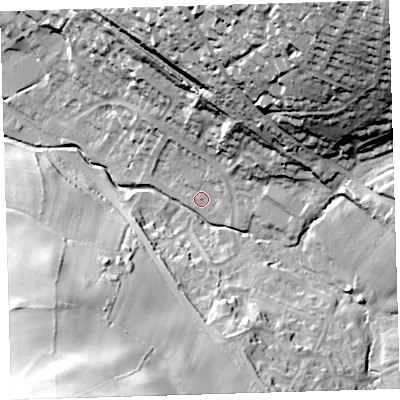 Shaded relief map of the ground around PL199DN, computed from Environment Agency LiDAR. The ground here sits at about 80 m above sea level and falls 71 m across the surrounding 800 m. Surface water reaching this point runs off ground lying to the north-east, 60.1 m higher.