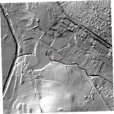 Shaded relief map of the ground around PL199DS, computed from Environment Agency LiDAR. The ground here sits at about 73 m above sea level and falls 67 m across the surrounding 800 m. Surface water reaching this point runs off ground lying to the north-east, 2.6 m higher.