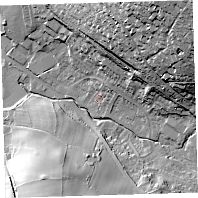 Shaded relief map of the ground around PL199DW, computed from Environment Agency LiDAR. The ground here sits at about 79 m above sea level and falls 75 m across the surrounding 800 m. Surface water reaching this point runs off ground lying to the north-north-east, 19.5 m higher.