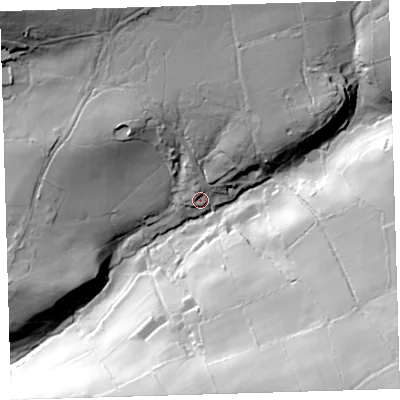 Shaded relief map of the ground around PL199DY, computed from Environment Agency LiDAR. The ground here sits at about 121 m above sea level and falls 67 m across the surrounding 800 m. Surface water reaching this point runs off ground lying to the north-north-east, 27.9 m higher.