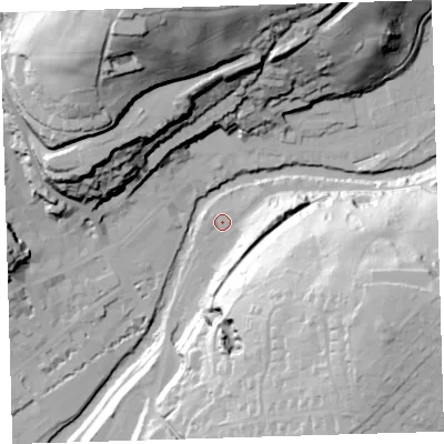 Shaded relief map of the ground around PL199EA, computed from Environment Agency LiDAR. The ground here sits at about 82 m above sea level and falls 80 m across the surrounding 800 m. Surface water reaching this point runs off ground lying to the east, 17.1 m higher.
